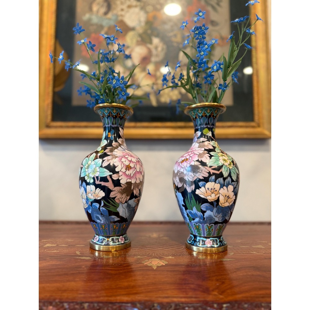 Vintage Cloisonné Peony Vase‎ Pair - 10.25"